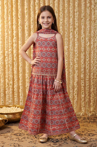Red Geometric Printed Lace Sleeveless Straight Kurti with Skirt and Dupatta Set