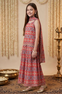 Red Geometric Printed Lace Sleeveless Straight Kurti with Skirt and Dupatta Set