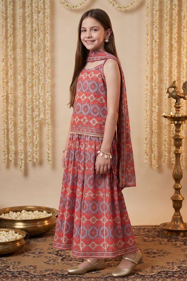 Red Geometric Printed Lace Sleeveless Straight Kurti with Skirt and Dupatta Set