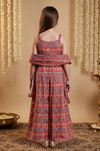 Red Geometric Printed Lace Sleeveless Straight Kurti with Skirt and Dupatta Set
