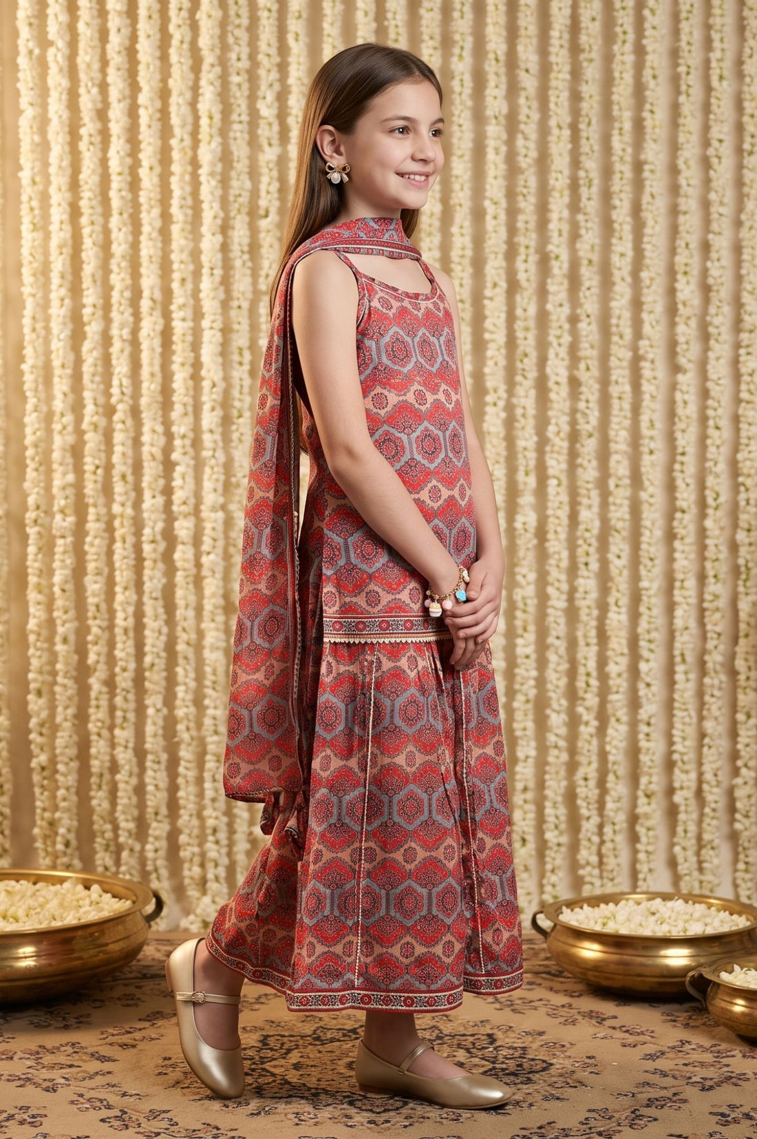 Red Geometric Printed Lace Sleeveless Straight Kurti with Skirt and Dupatta Set