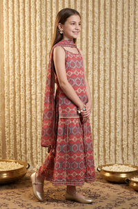 Red Geometric Printed Lace Sleeveless Straight Kurti with Skirt and Dupatta Set