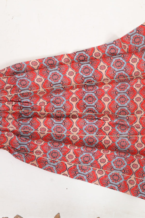 Red Geometric Printed Lace Sleeveless Straight Kurti with Skirt and Dupatta Set