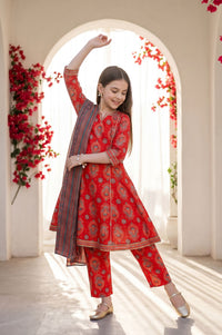 Red Floral Printed Lace Straight Kurta with Trousers and Dupatta Set