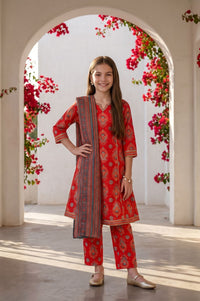 Red Floral Printed Lace Straight Kurta with Trousers and Dupatta Set
