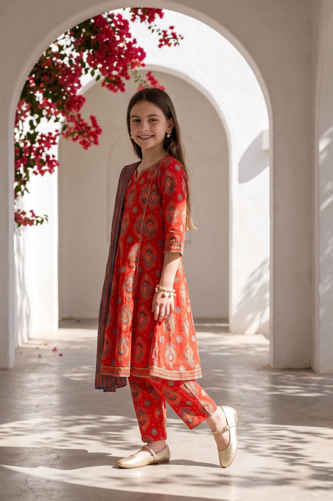 Red Floral Printed Lace Straight Kurta with Trousers and Dupatta Set