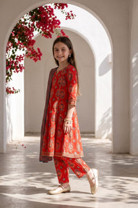 Red Floral Printed Lace Straight Kurta with Trousers and Dupatta Set