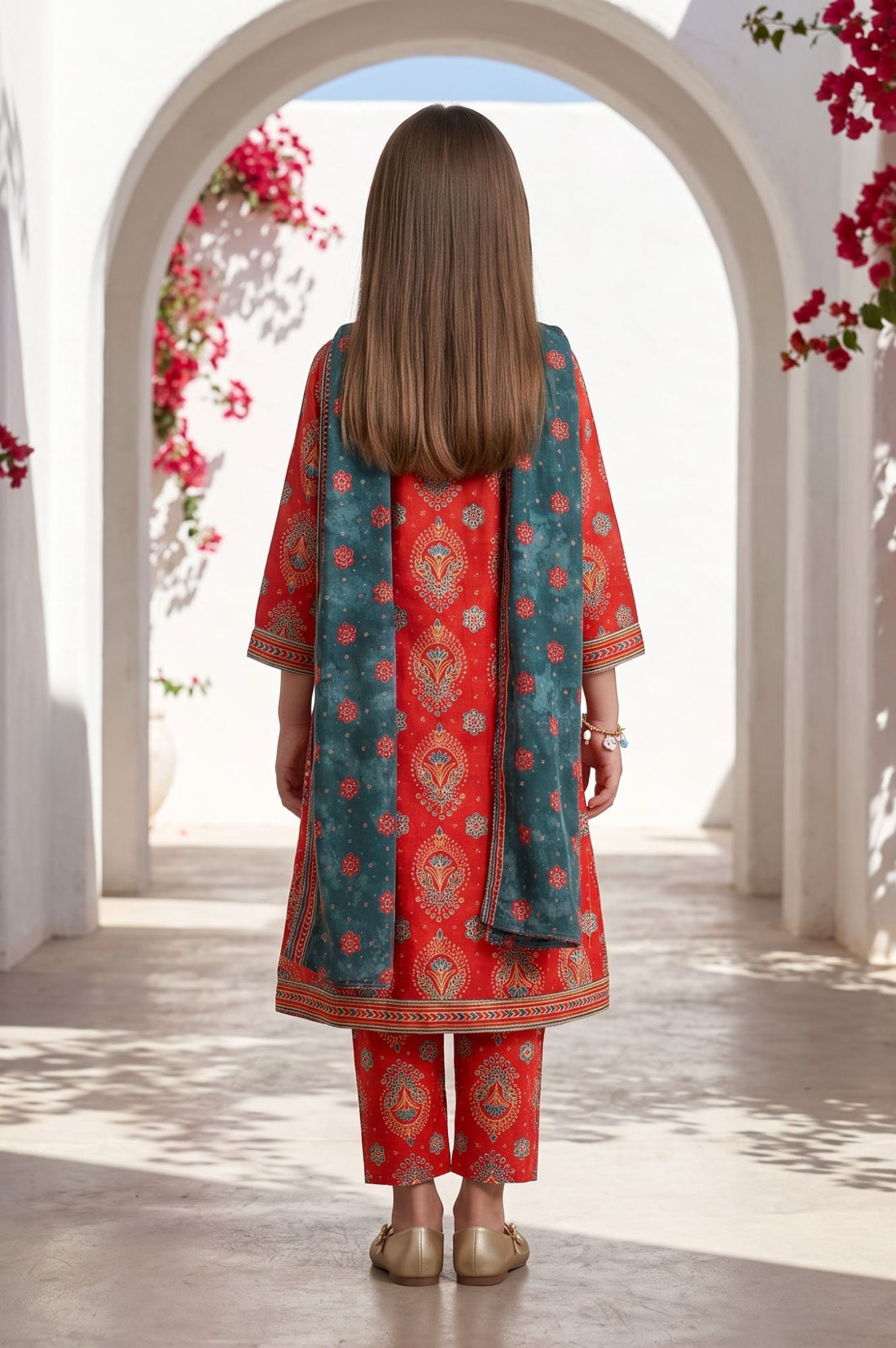 Red Floral Printed Lace Straight Kurta with Trousers and Dupatta Set