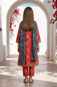 Red Floral Printed Lace Straight Kurta with Trousers and Dupatta Set