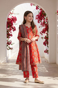 Red Floral Printed Lace Straight Kurta with Trousers and Dupatta Set