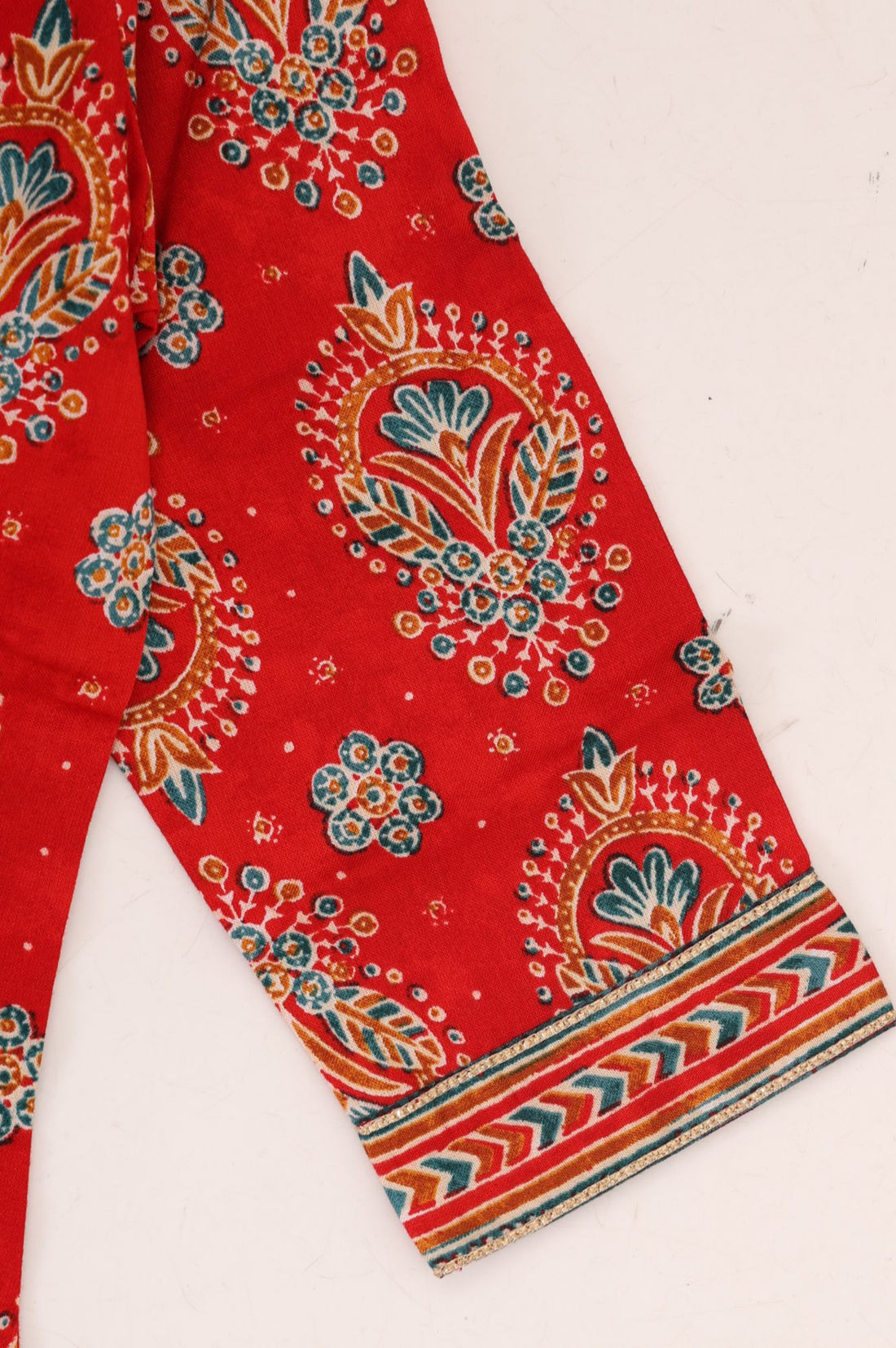 Red Floral Printed Lace Straight Kurta with Trousers and Dupatta Set