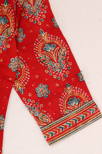 Red Floral Printed Lace Straight Kurta with Trousers and Dupatta Set