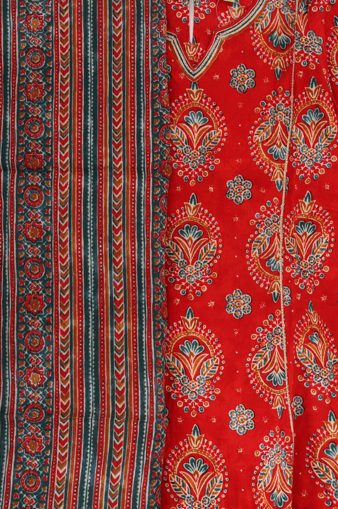Red Floral Printed Lace Straight Kurta with Trousers and Dupatta Set