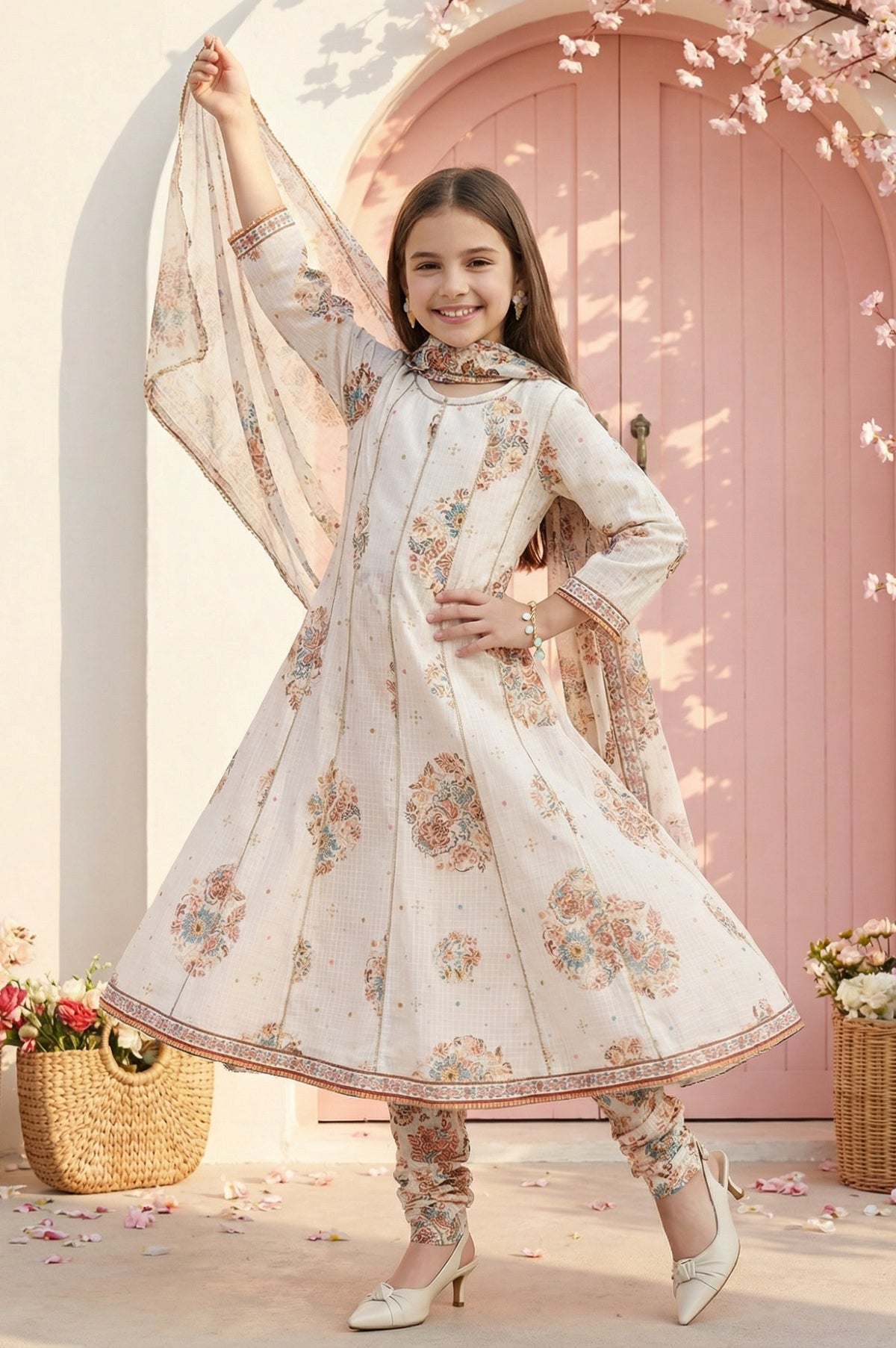 Girls' Off White Floral Printed Pure Cotton Anarkali Kurta with Trousers and Dupatta Set - s-1