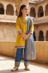Yellow Embroidered Shantung Straight Kurta with Palazzo and Dupatta Set