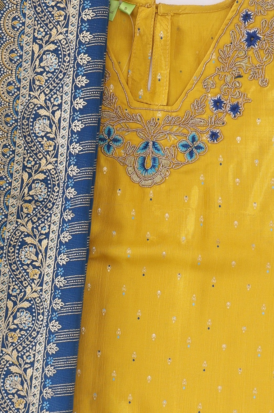 Yellow Embroidered Shantung Straight Kurta with Palazzo and Dupatta Set