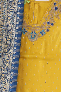 Yellow Embroidered Shantung Straight Kurta with Palazzo and Dupatta Set