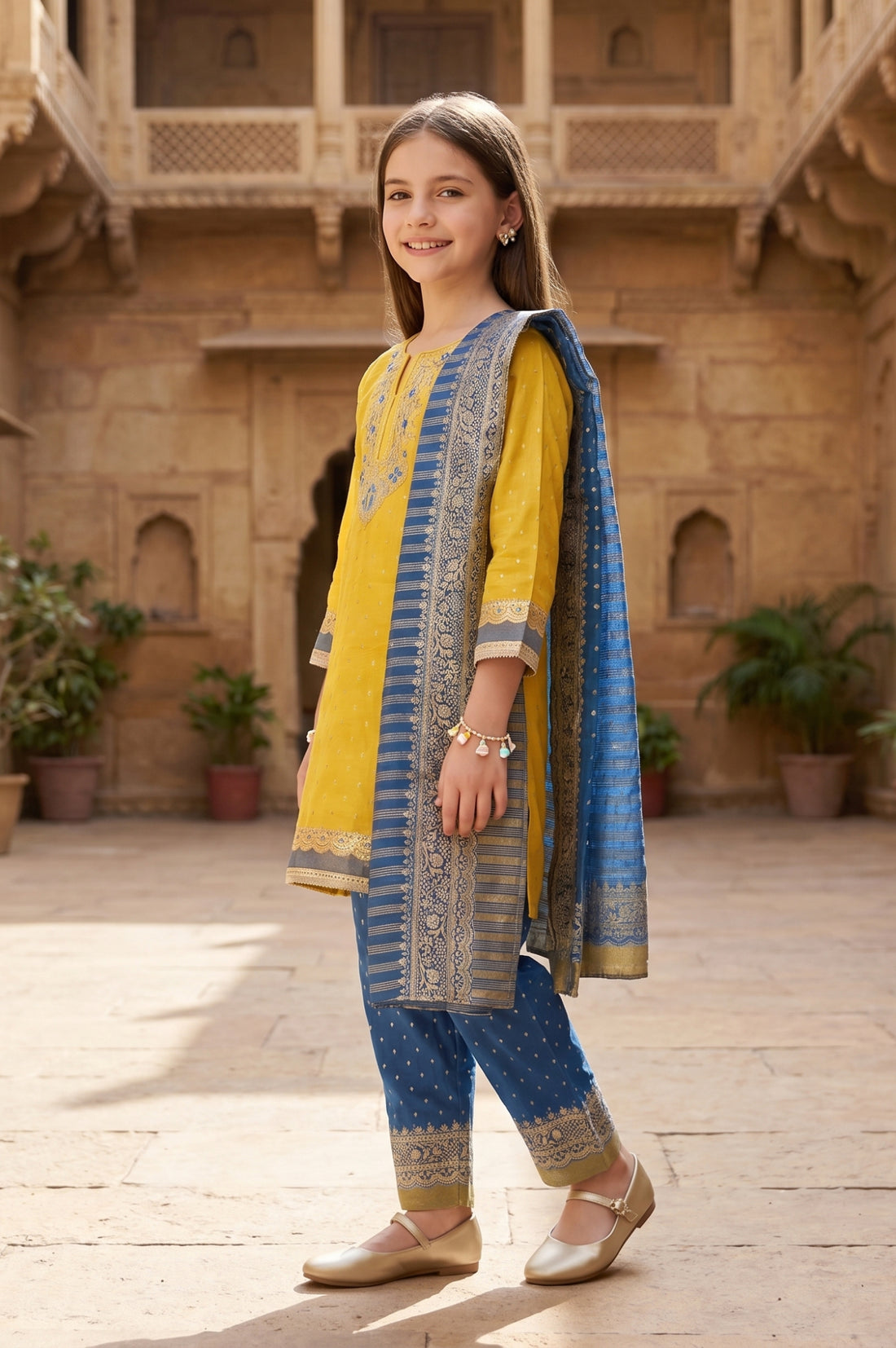Yellow Embroidered Shantung Straight Kurta with Palazzo and Dupatta Set
