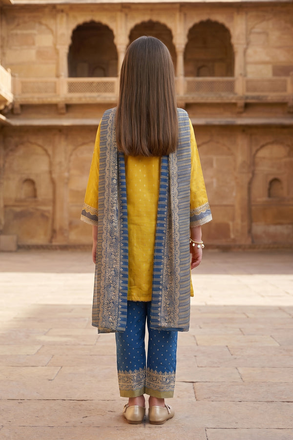 Yellow Embroidered Shantung Straight Kurta with Palazzo and Dupatta Set