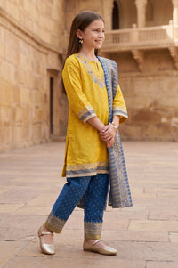 Yellow Embroidered Shantung Straight Kurta with Palazzo and Dupatta Set