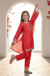 Girls Red Foil Printed Shantung Straight Kurta With Palazzo and Dupatta Set