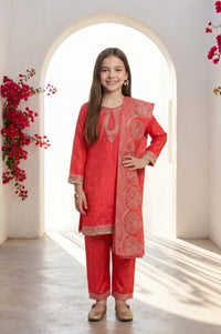 Girls Red Foil Printed Shantung Straight Kurta With Palazzo and Dupatta Set