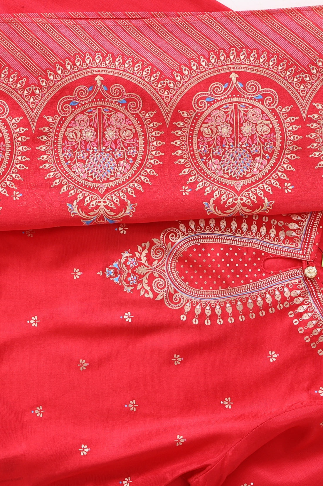 Girls Red Foil Printed Shantung Straight Kurta With Palazzo and Dupatta Set
