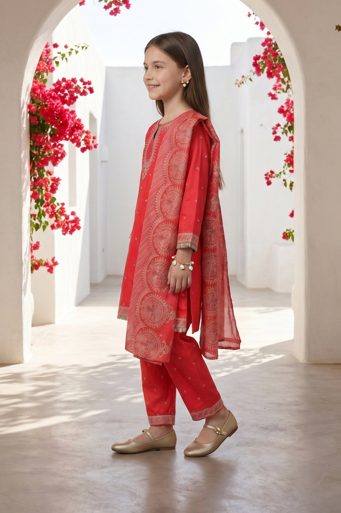 Girls Red Foil Printed Shantung Straight Kurta With Palazzo and Dupatta Set