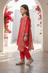 Girls Red Foil Printed Shantung Straight Kurta With Palazzo and Dupatta Set