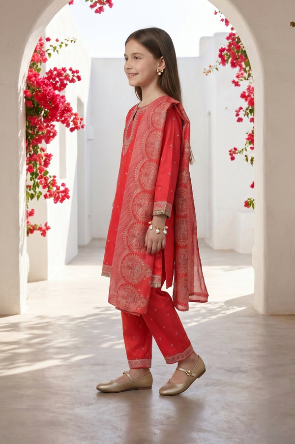 Girls Red Foil Printed Shantung Straight Kurta With Palazzo and Dupatta Set