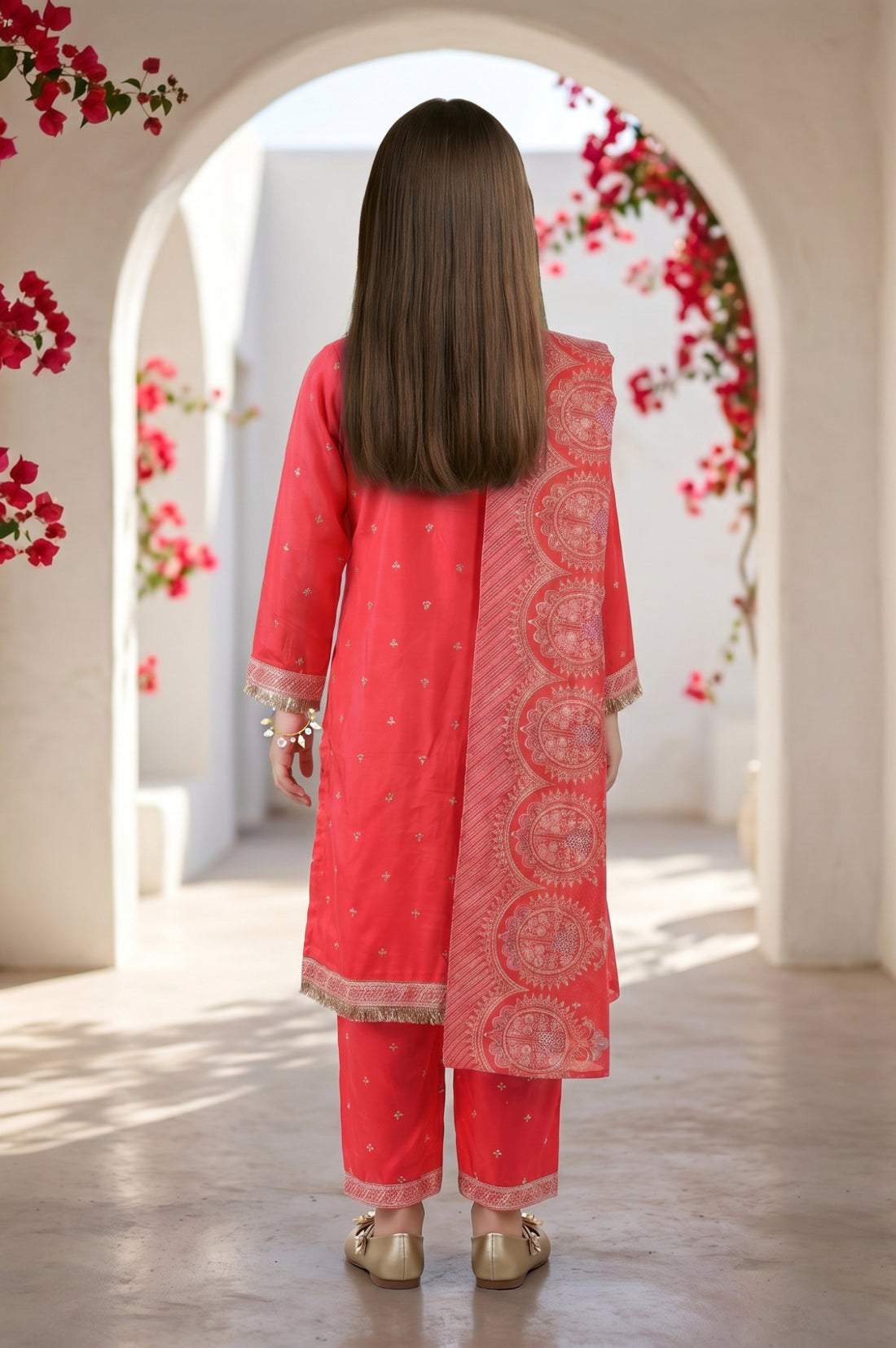Girls Red Foil Printed Shantung Straight Kurta With Palazzo and Dupatta Set