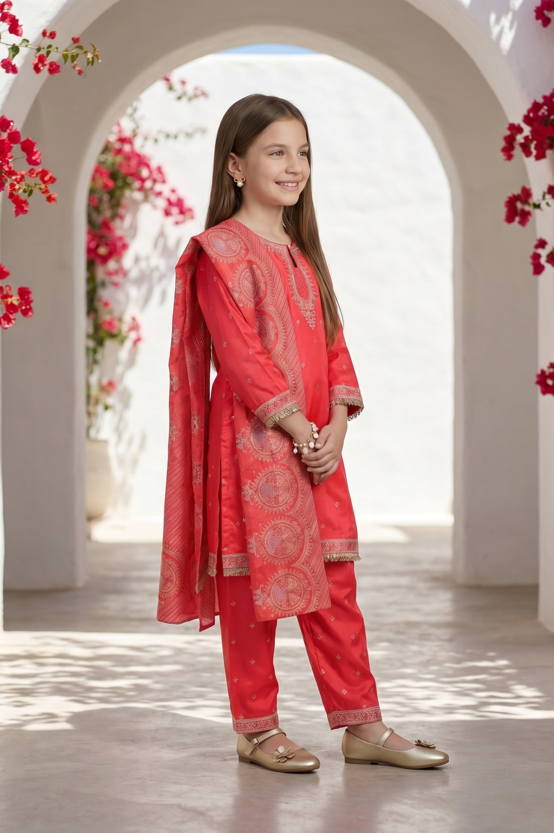 Girls Red Foil Printed Shantung Straight Kurta With Palazzo and Dupatta Set