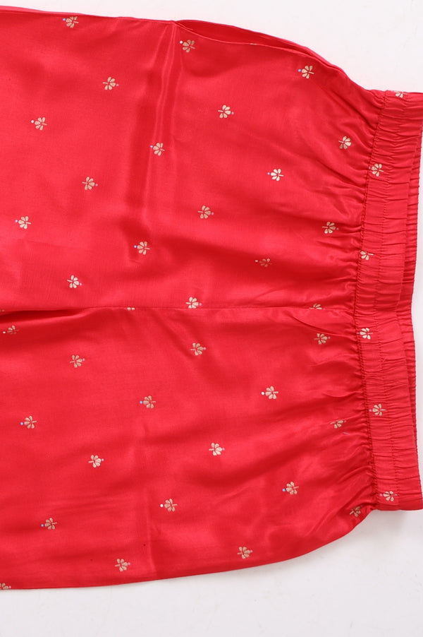 Girls Red Foil Printed Shantung Straight Kurta With Palazzo and Dupatta Set