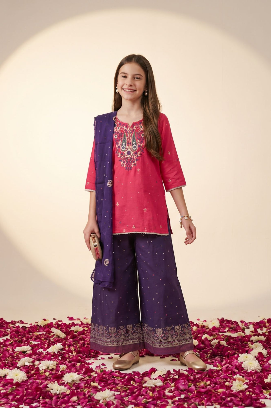 Multicolor Thread Embroidered Straight Kurta with Palazzo and Dupatta Set