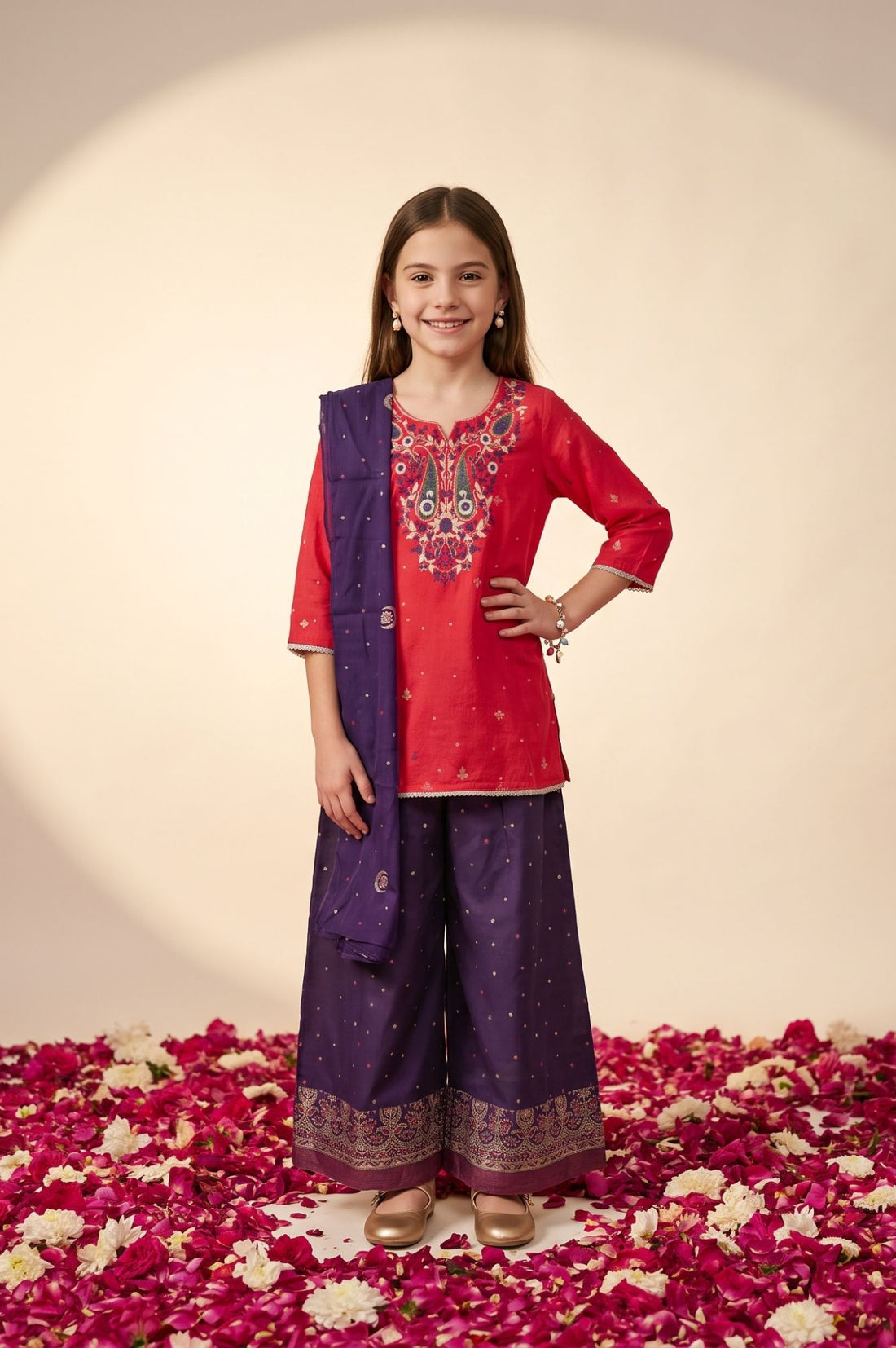 Multicolor Thread Embroidered Straight Kurta with Palazzo and Dupatta Set