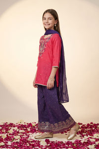 Multicolor Thread Embroidered Straight Kurta with Palazzo and Dupatta Set
