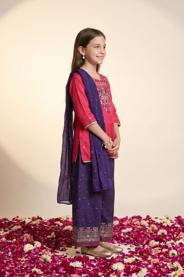 Multicolor Thread Embroidered Straight Kurta with Palazzo and Dupatta Set