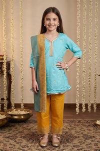 Multicolor Gota Patti Straight Kurta with Palazzo and Dupatta Set