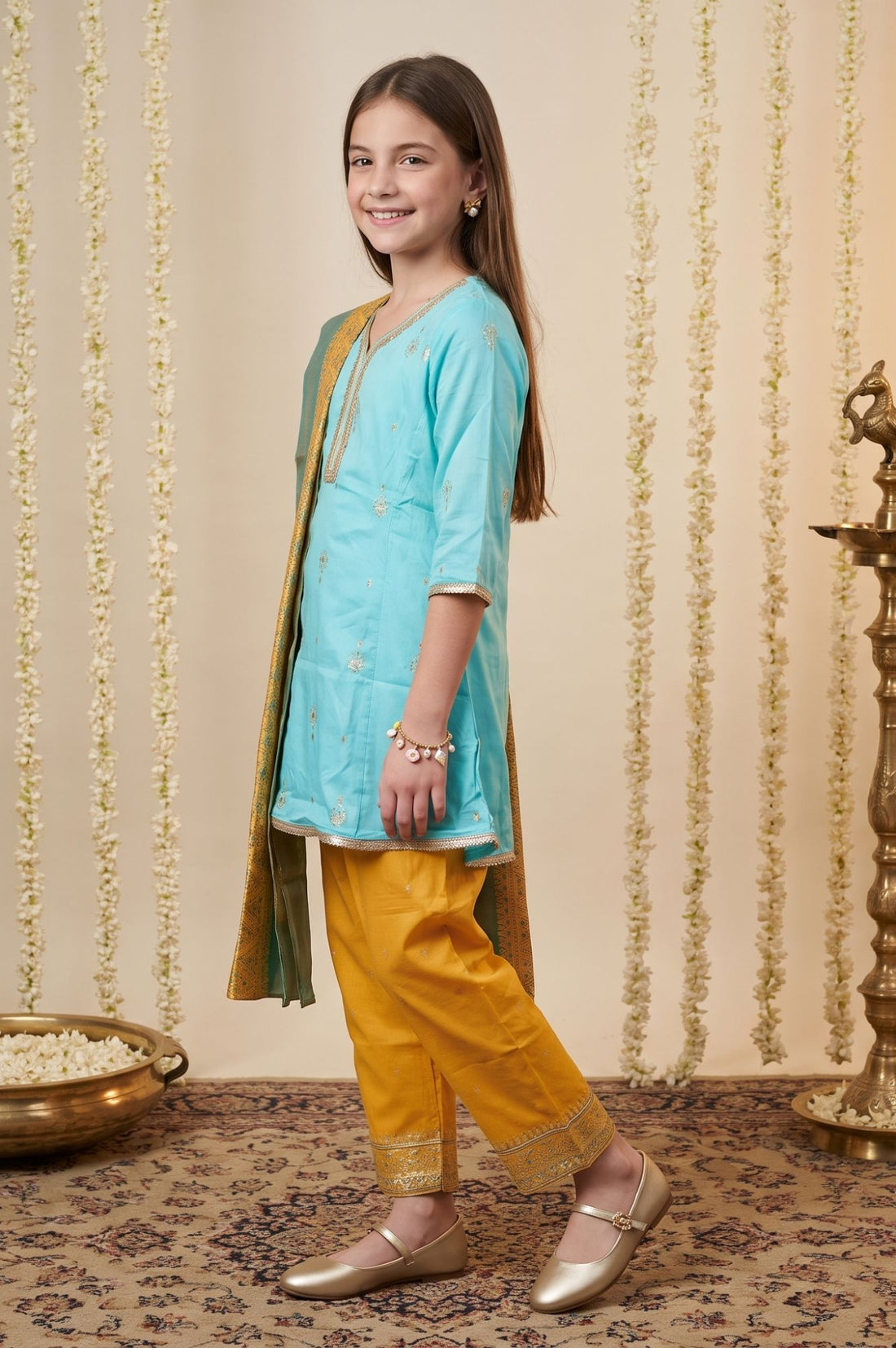 Multicolor Gota Patti Straight Kurta with Palazzo and Dupatta Set