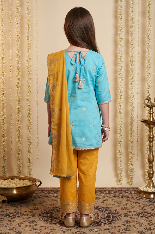 Multicolor Gota Patti Straight Kurta with Palazzo and Dupatta Set
