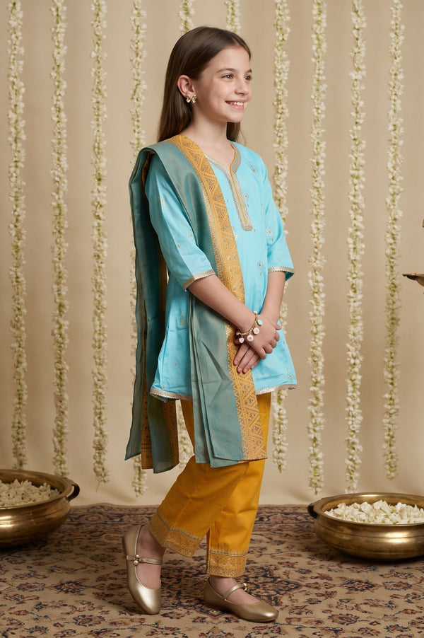 Multicolor Gota Patti Straight Kurta with Palazzo and Dupatta Set