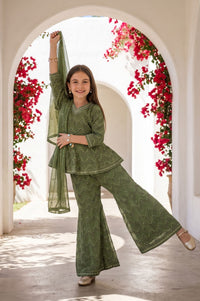 Green Sequins Foil Printed Flared Kurta with Sharara and Dupatta Set