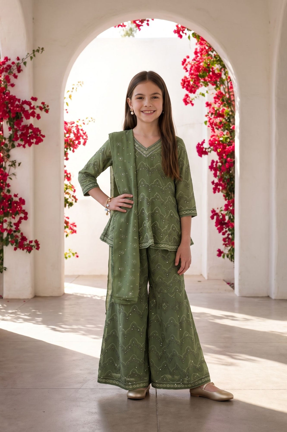 Green Sequins Foil Printed Flared Kurta with Sharara and Dupatta Set