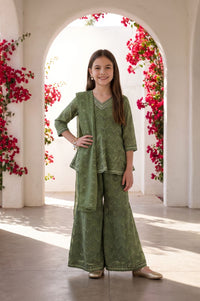 Green Sequins Foil Printed Flared Kurta with Sharara and Dupatta Set