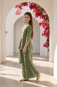 Green Sequins Foil Printed Flared Kurta with Sharara and Dupatta Set