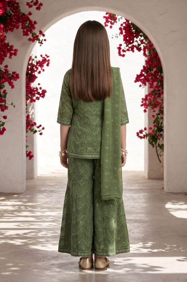 Green Sequins Foil Printed Flared Kurta with Sharara and Dupatta Set