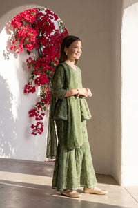 Green Sequins Foil Printed Flared Kurta with Sharara and Dupatta Set