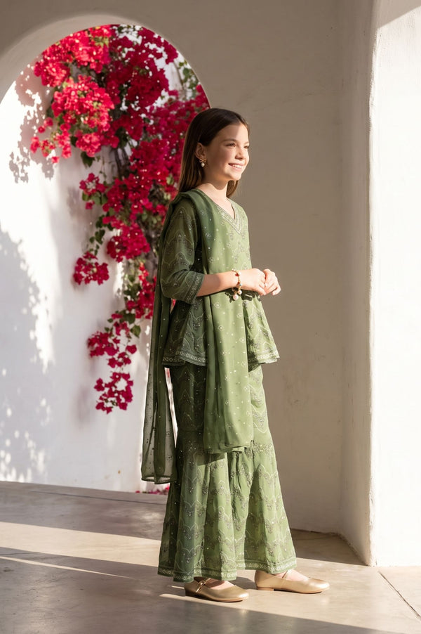 Green Sequins Foil Printed Flared Kurta with Sharara and Dupatta Set