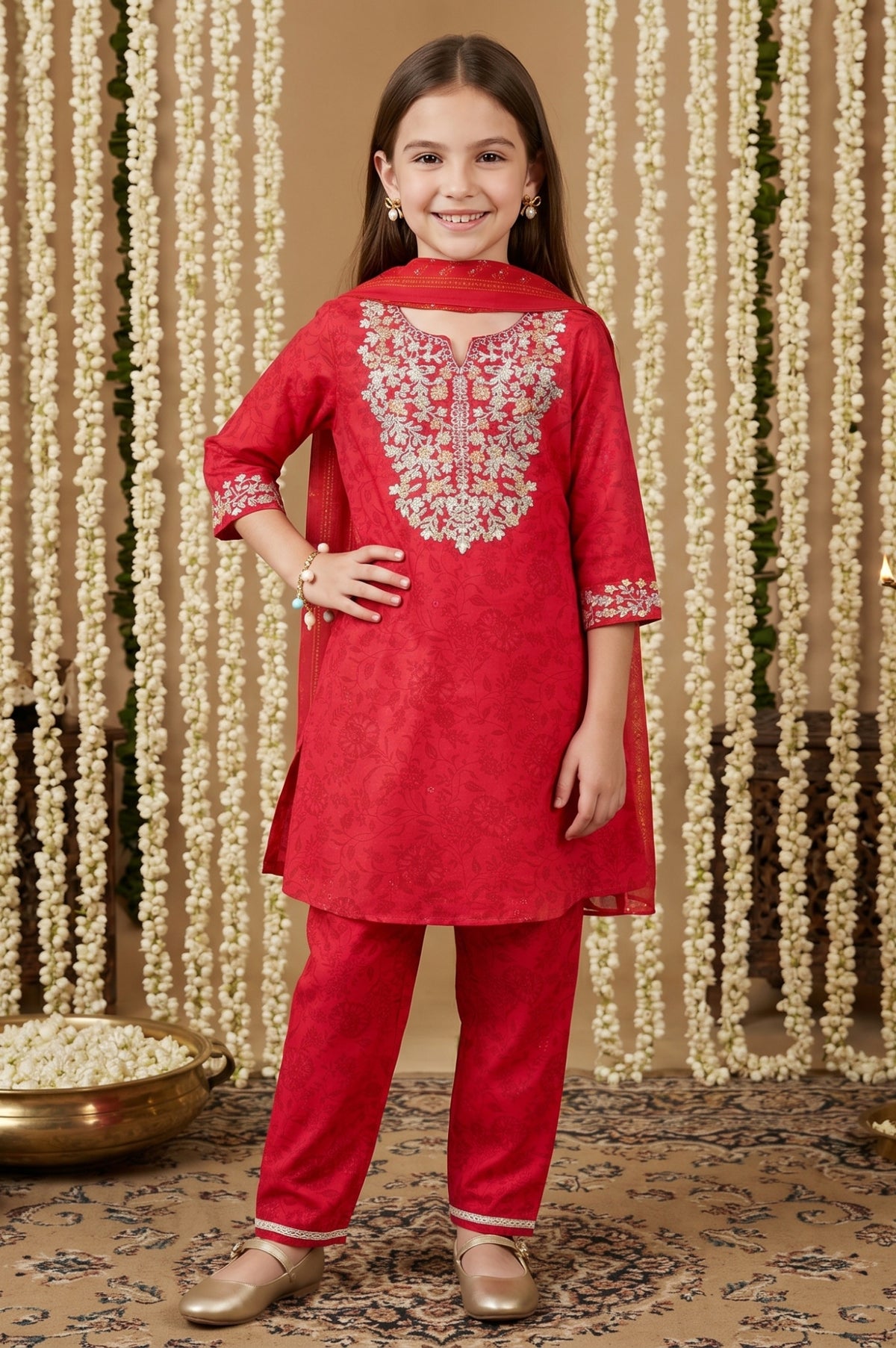 Red Embroidered Crepe Straight Kurta with Trouser and Dupatta Set - S