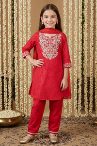 Red Embroidered Crepe Straight Kurta with Trouser and Dupatta Set